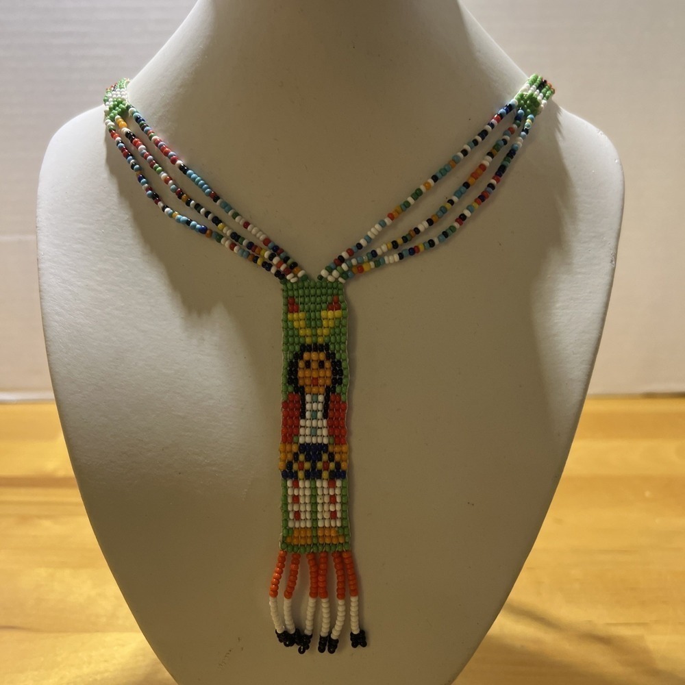 Vintage Hand Made Native American Multicolor Seed Bead Necklace Woven